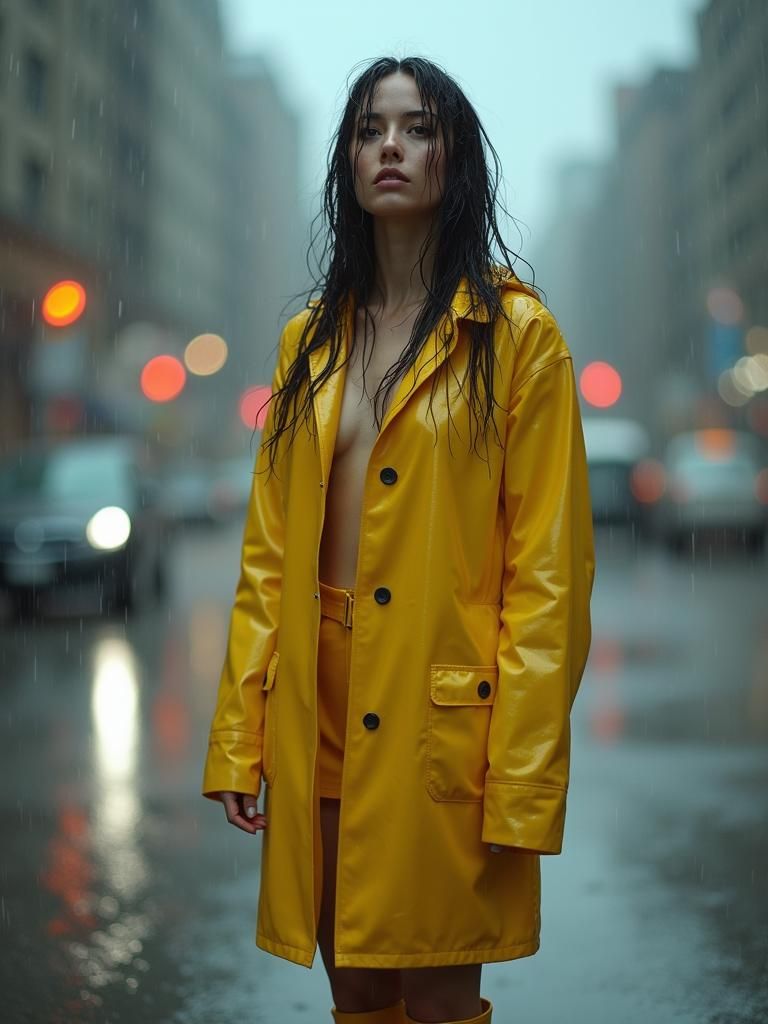 Woman in Yellow Raincoat Embracing the Rain