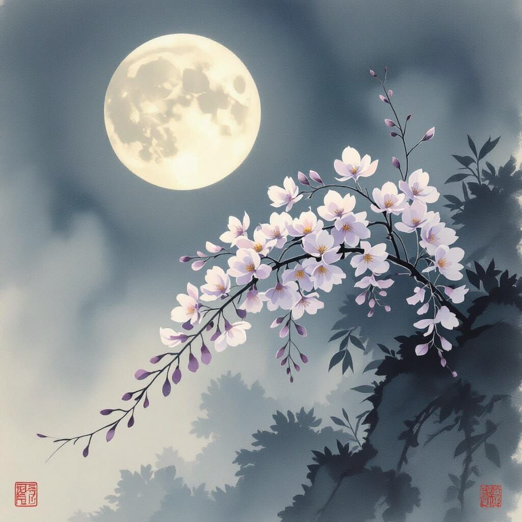 Wisteria Blossom Under Moonlight in Yamato-e Style