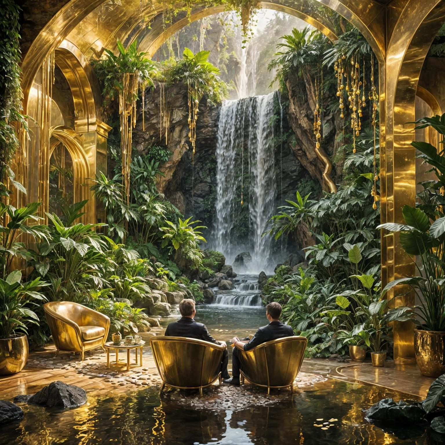 Enchanted Indoor Scene with Golden Waterfalls