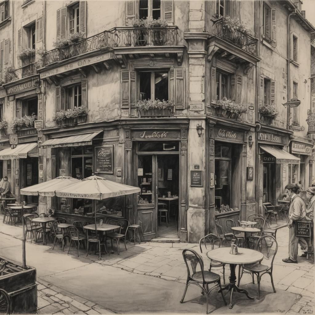 French Village Cafe: Hyperdetailed Charcoal Drawing
