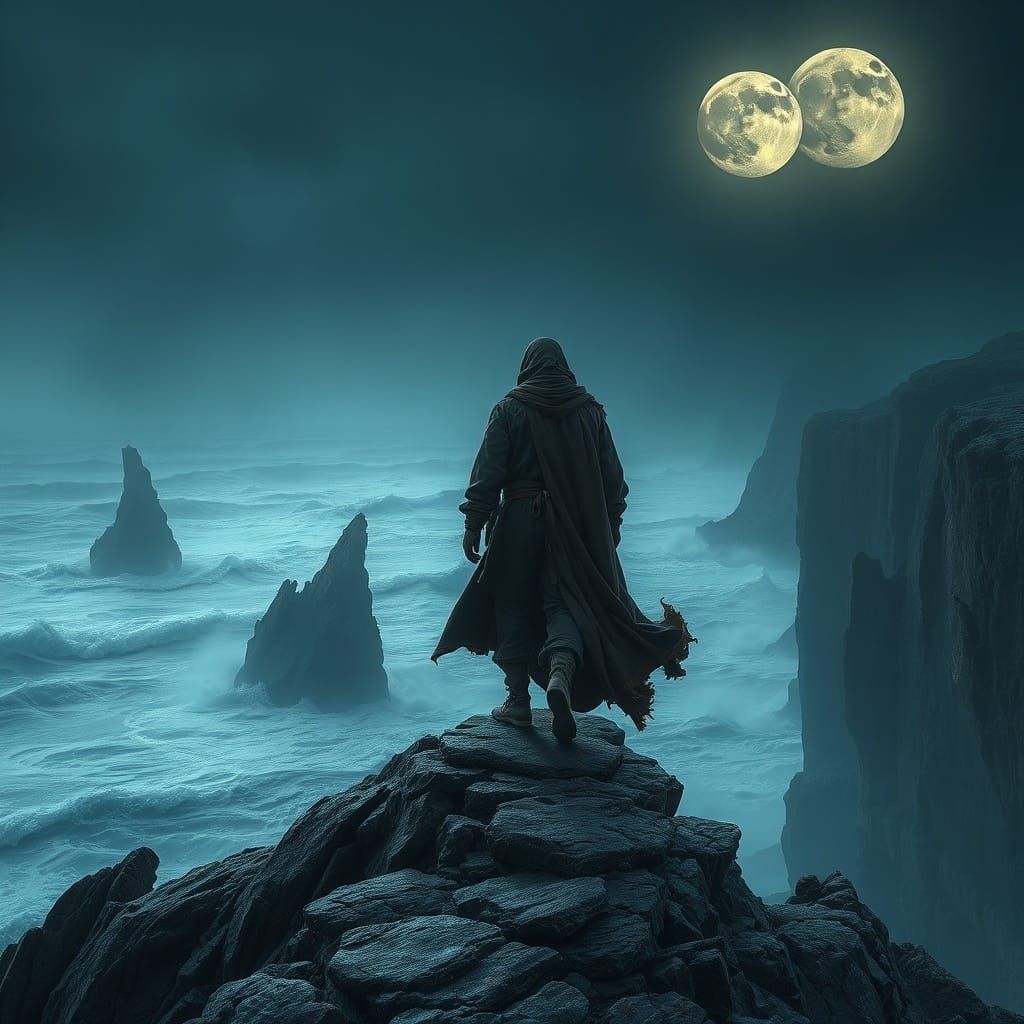 Ethereal Figure Overlooking Alien Sea in Dark Surrealism