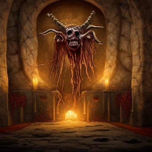 Zombie Goat Skulls on Altar in Catacombs