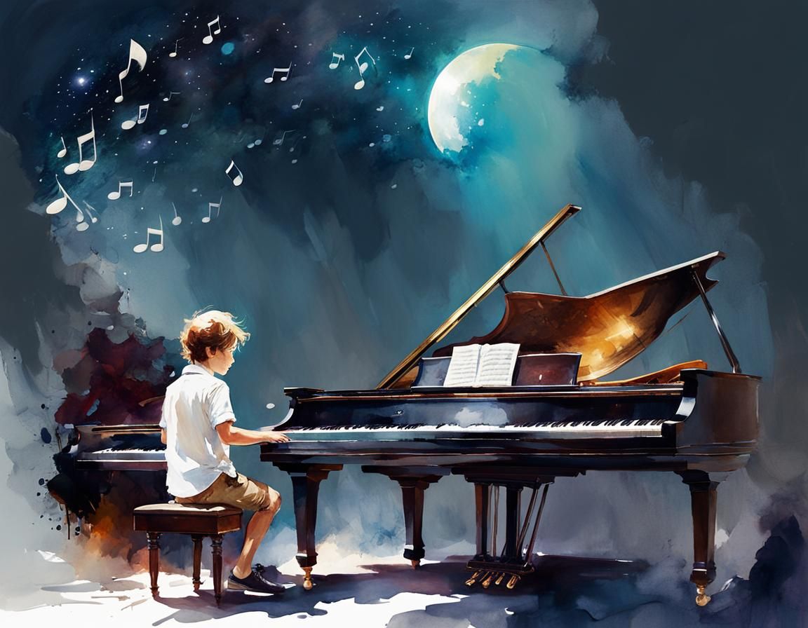 Toddler's Sci-Fi Piano Concert as Watercolor Art