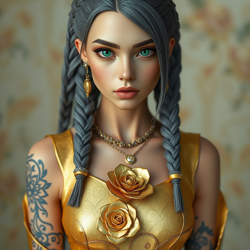 Golden Origami Woman with Ash Braids in 8K