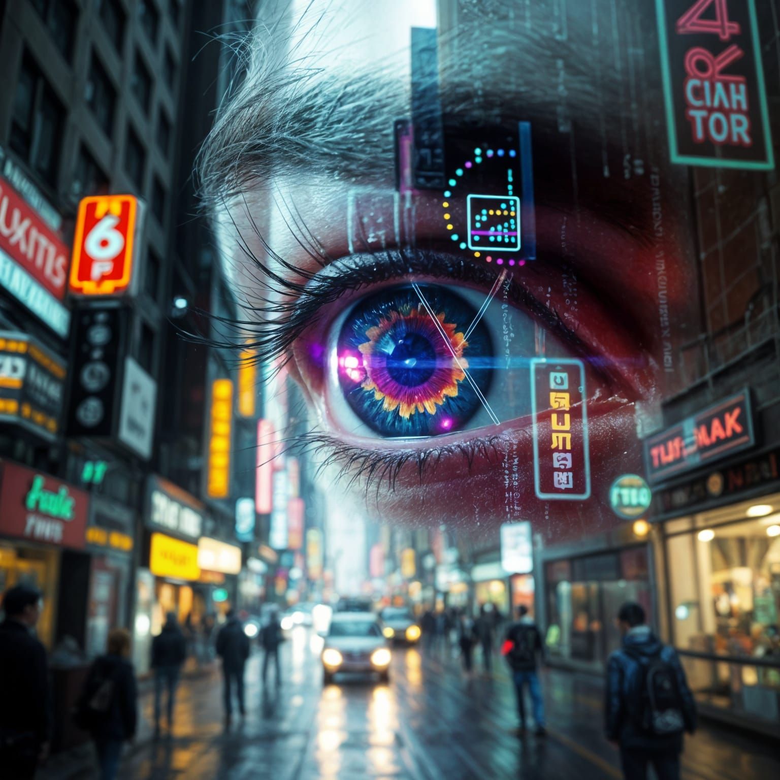 Double Exposure Cyberpunk Cityscape in Vibrant Technicolor