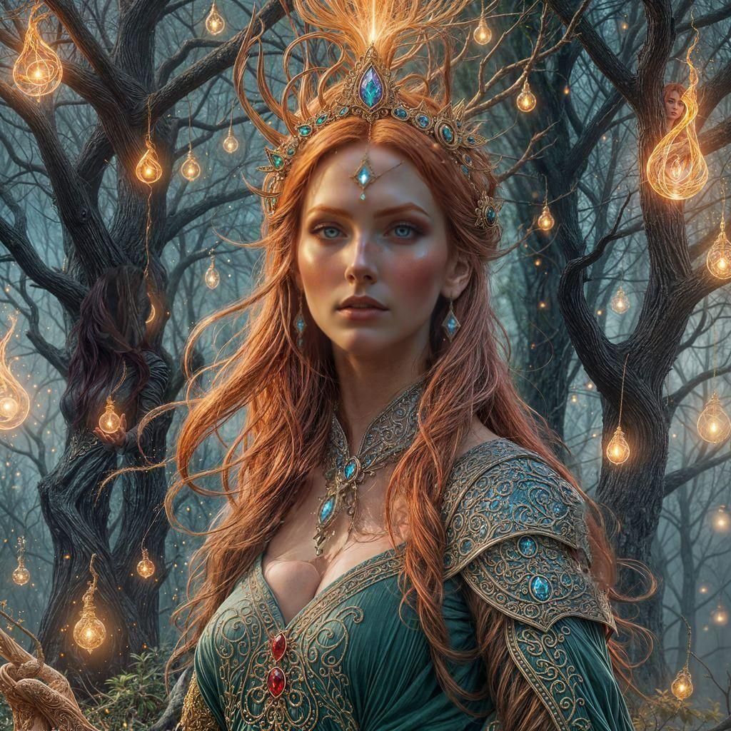 Enchanting Sorceress with Fiery Hair and Magic