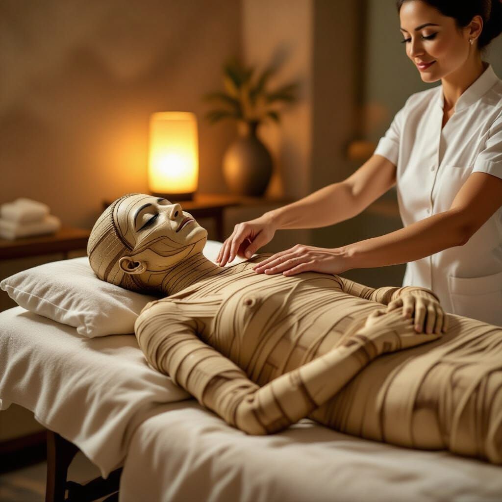 Mummy Enjoys Spa Massage at Health Resort