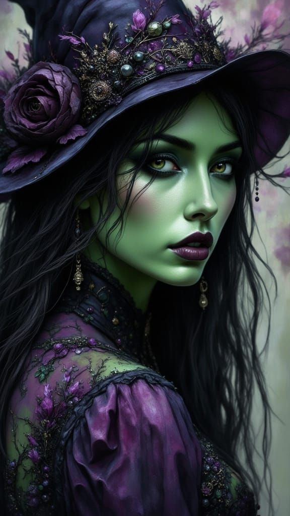 Young Green Witch in Gothic Dress
