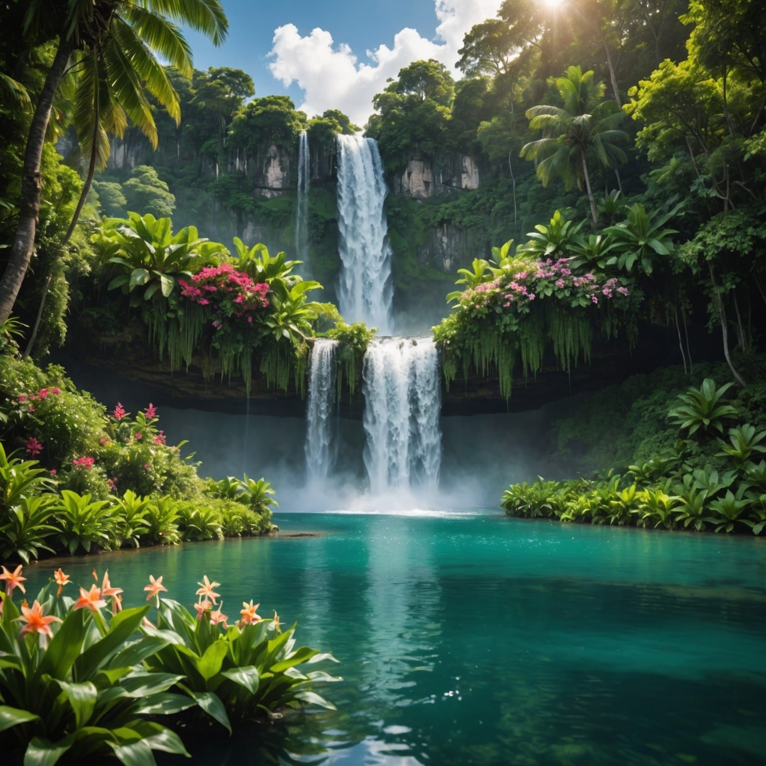Lush Waterfall Scene with Lagoon View