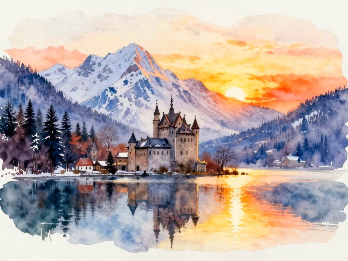 Gothic Castle Sunset Over Snowy Mountains