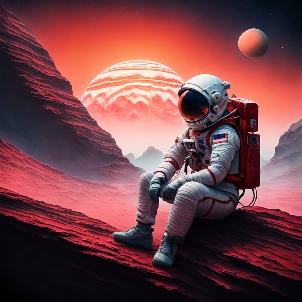 Astronaut on Otherworldly Rock Ledge, Epic Cosmic Landscape