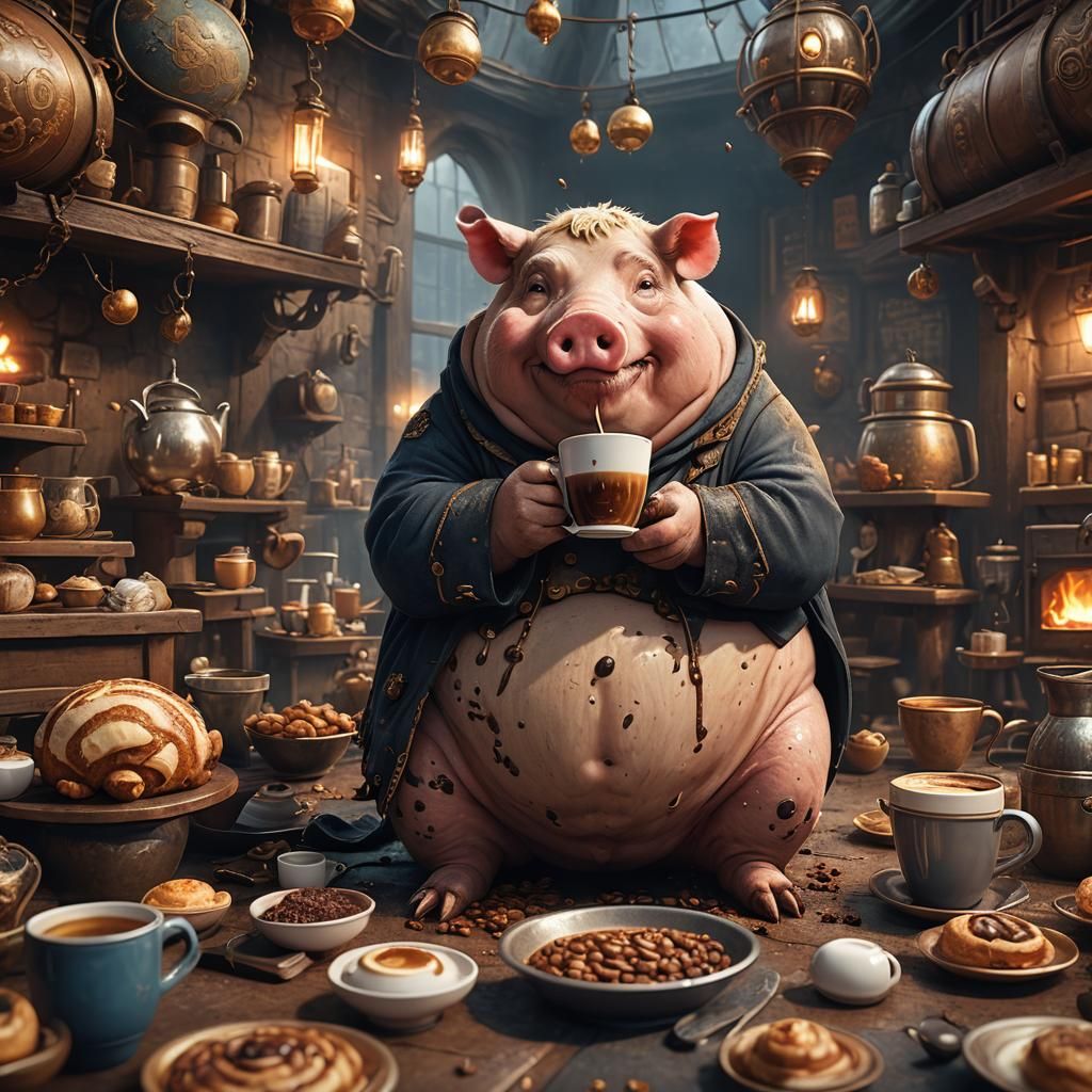Fantastical Fat Pig with Coffee in Detailed Matte Painting