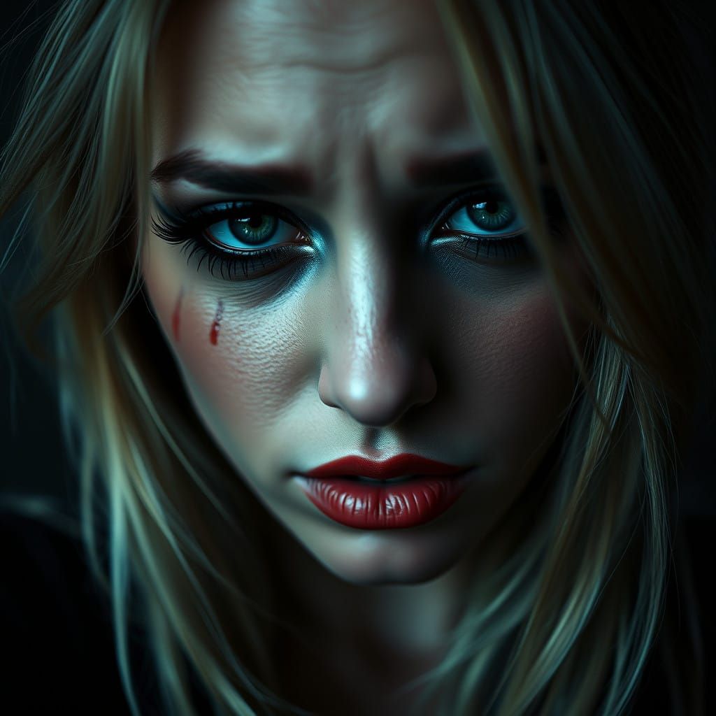 Intense Portrait of a Curvy Blonde Goth Woman with Smudged M...