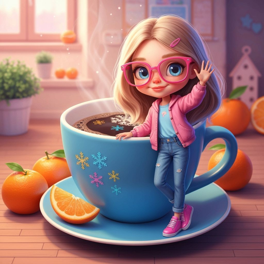 Cartoon Girl Waving by Giant Coffee Mug