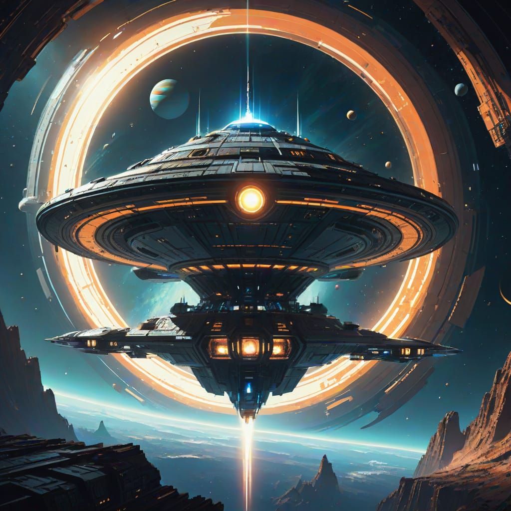Spaceship in Gas Giant Rings by Sparth and Syd Mead Style