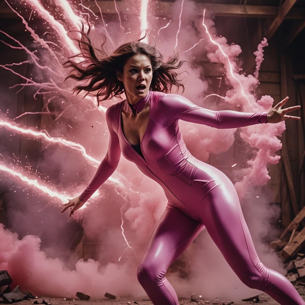 Woman in Pink Leotard Battles Creature with Energy Blasts