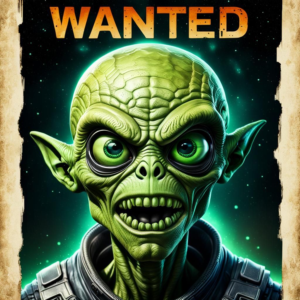Wanted: Green Alien Outerspace Criminal in Cinematic Style