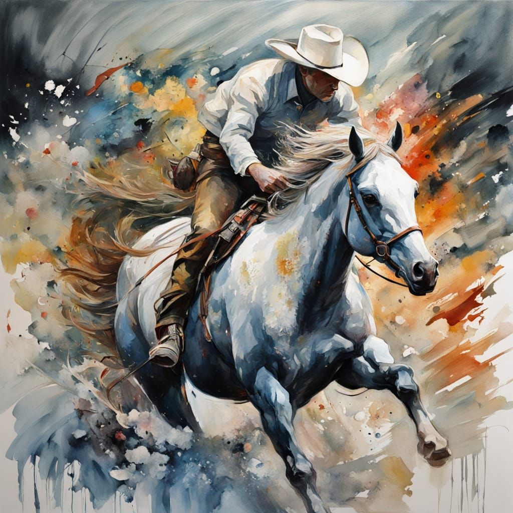 Wild Stallion Bucking at Sun-Drenched Rodeo in Gouache Style