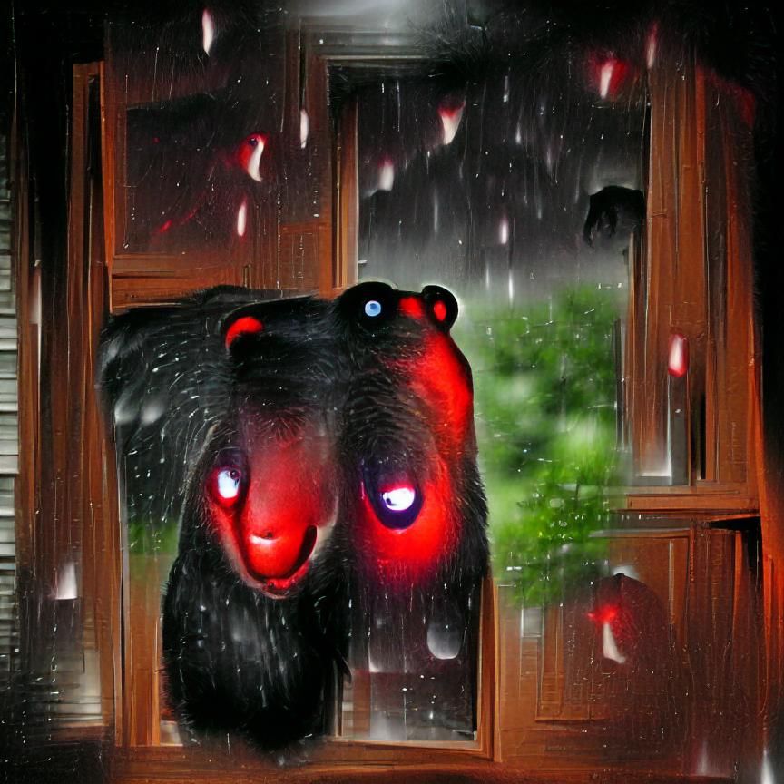 Eerie Red-Eyed Bear in Night Thunderstorm