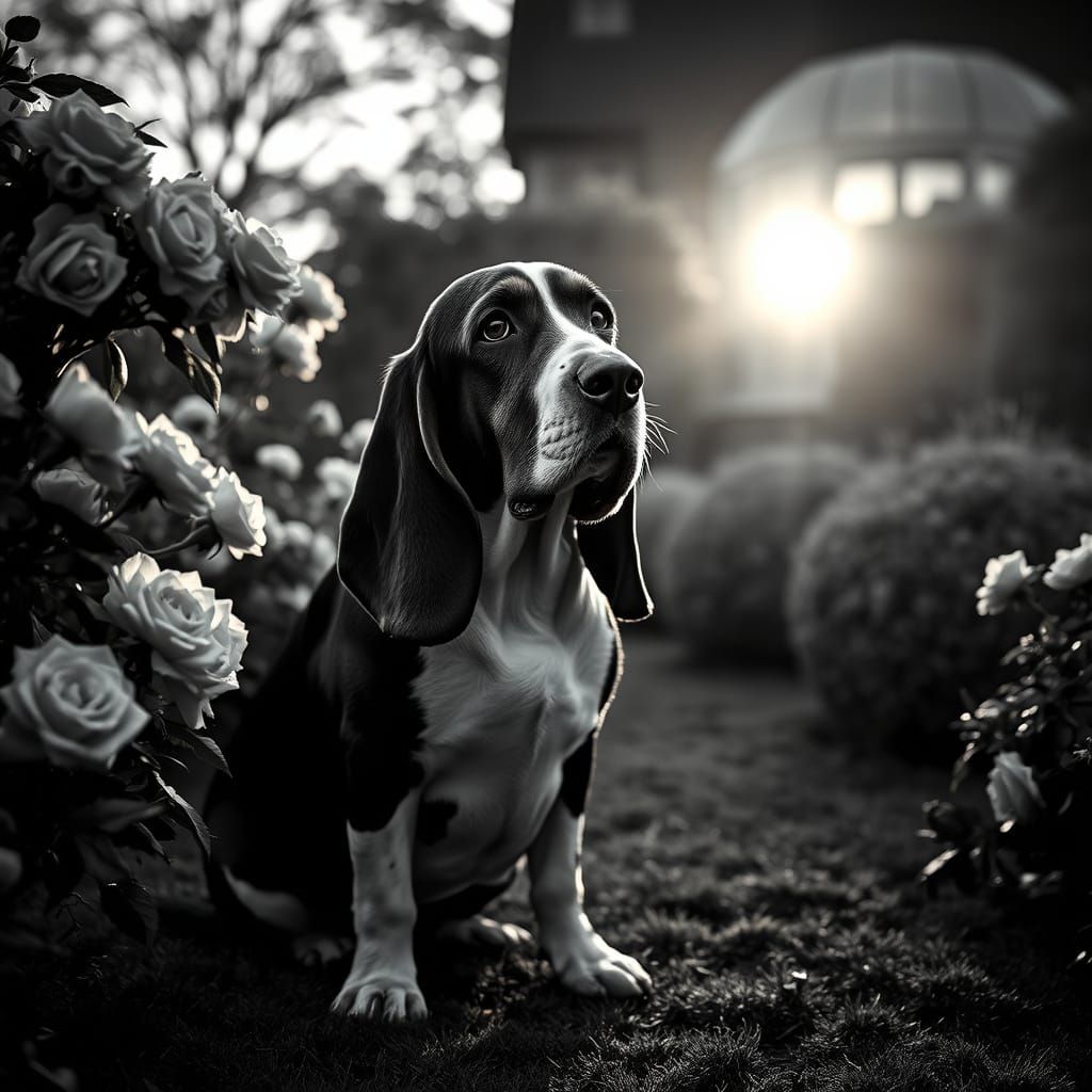 Basset Hound Waits in Victorian Garden