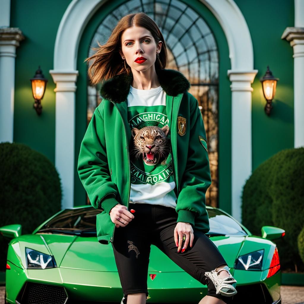 Woman in Slytherin Outfit Next to Lamborghini: 8k Hyperreali...