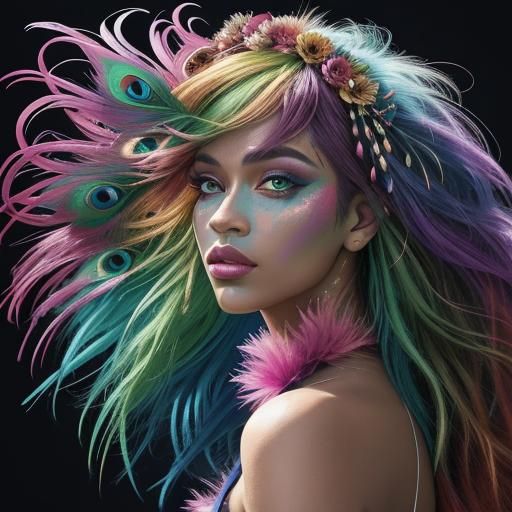 Fauvist Portrait of Woman with Peacock Feather Hair