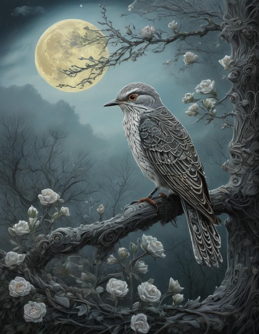 Surreal Moonlit Scene with Fog and Intricate Details