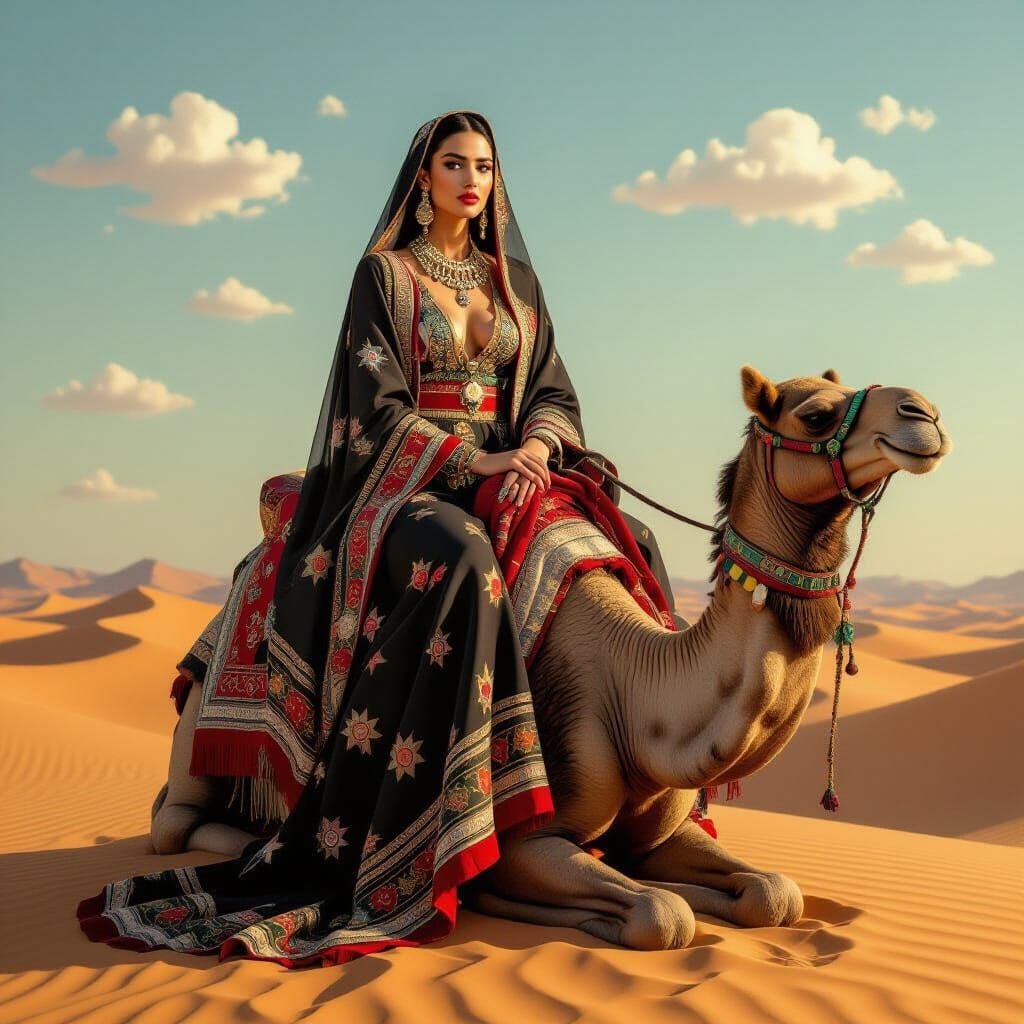 Arab Woman on Dromedary in Naive Surrealist Style