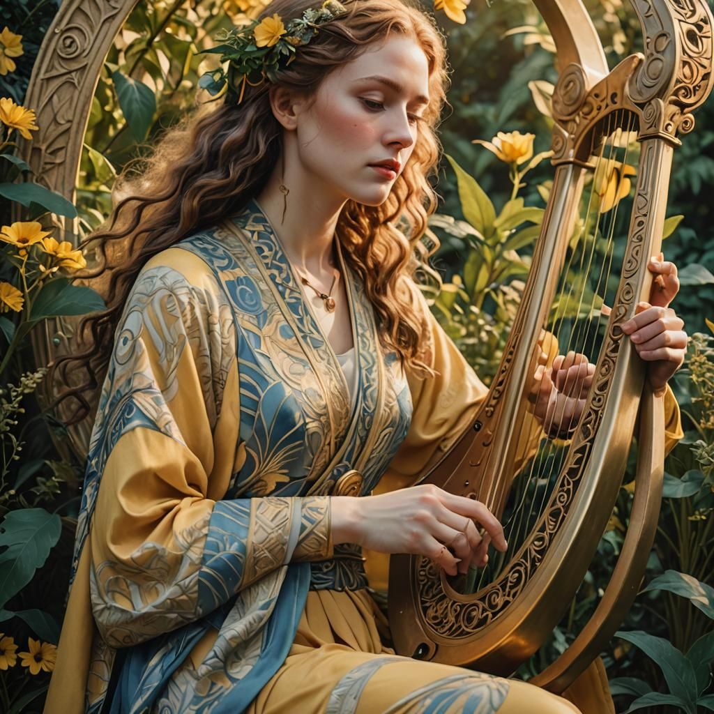 Solarpunk Art Deco Lyre Player at Sunset