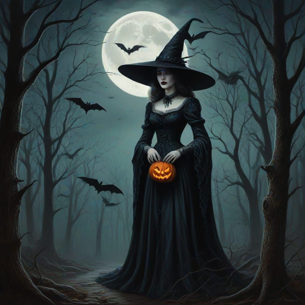 Elegant Witch in Spooky Forest Halloween Painting
