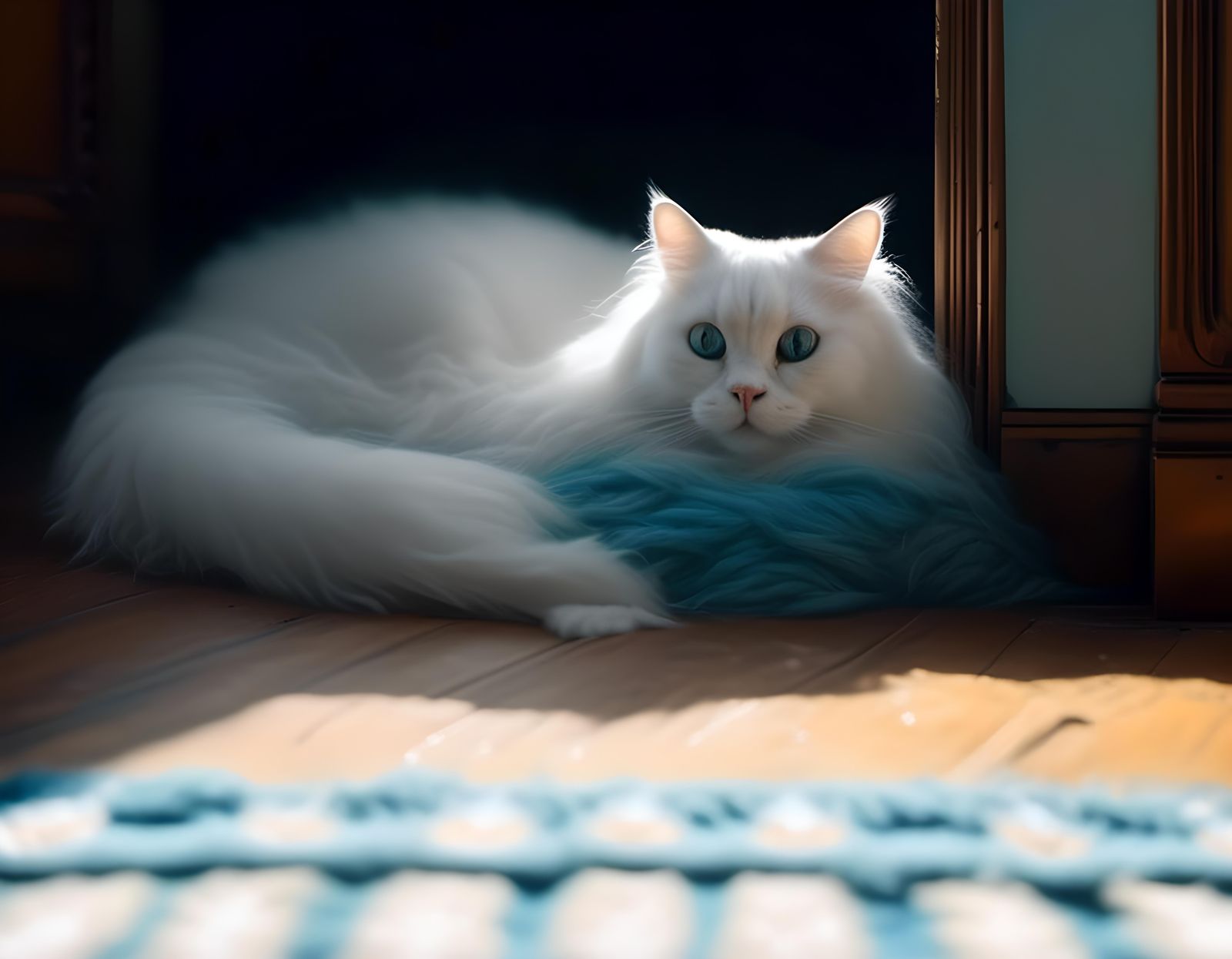 Fluffy White Cat Curled Up on Blue Rug