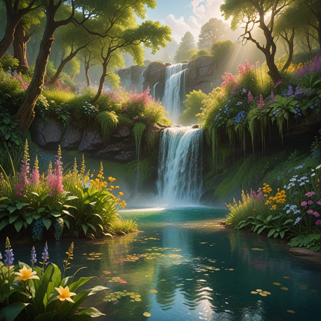 Ethereal Waterfall Landscape in Bierstadt Style
