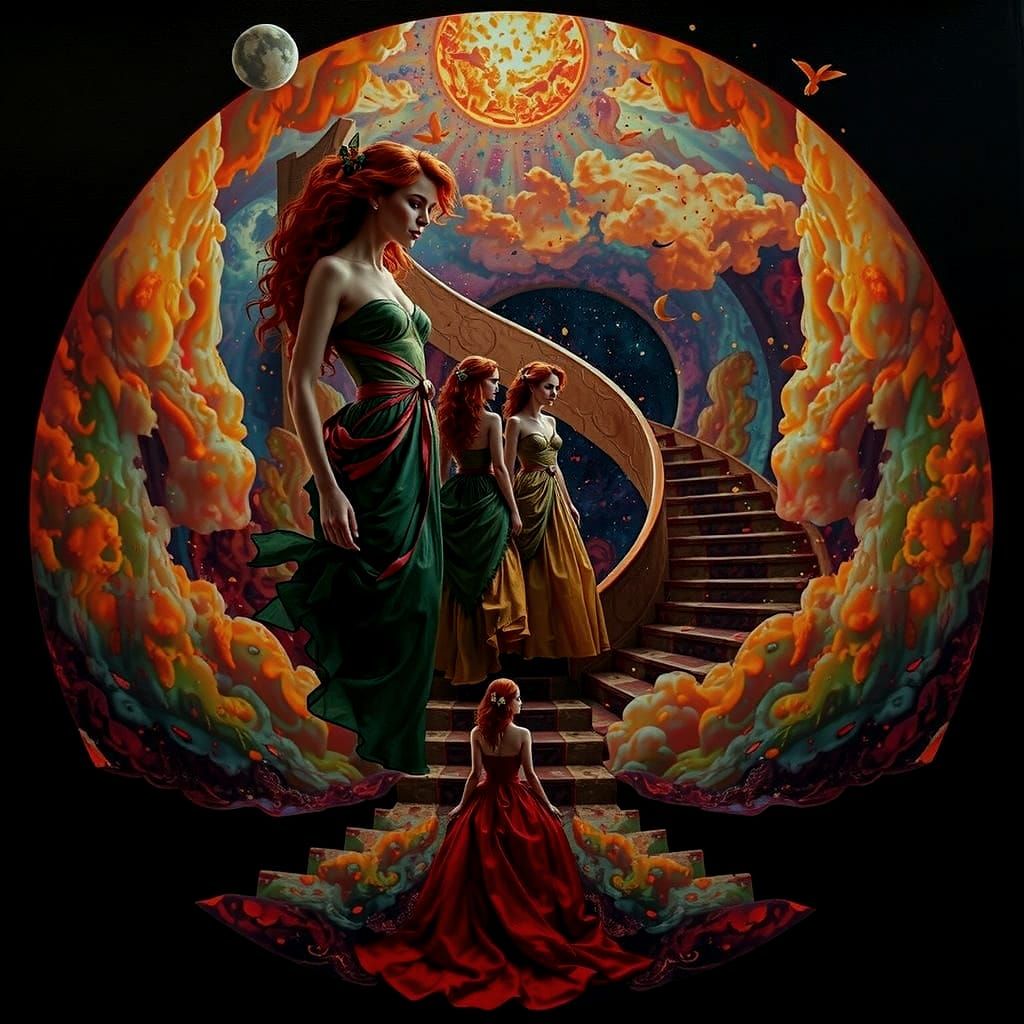 Three Sisters on Celestial Staircase in Billowing Gowns