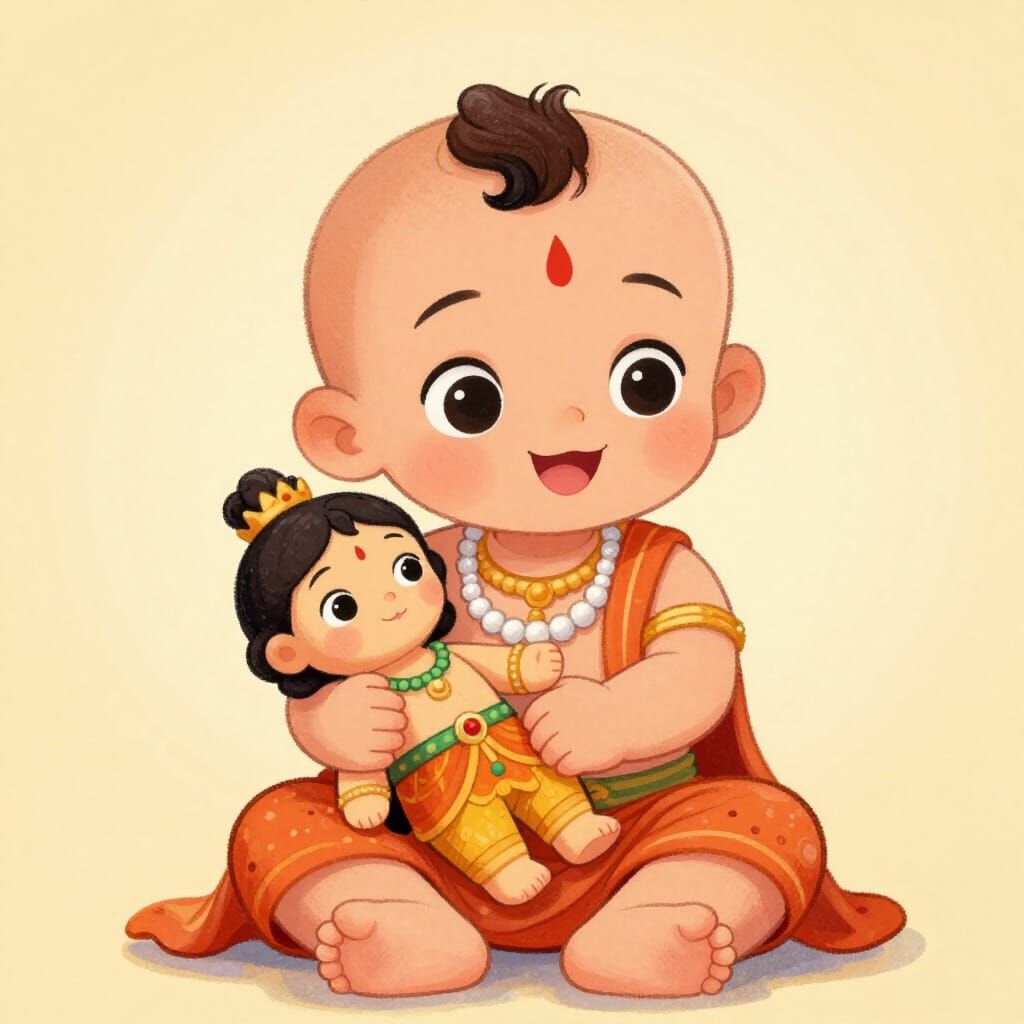 Joyful Baby Ram Ji With Hanuman Doll Kids Illustration