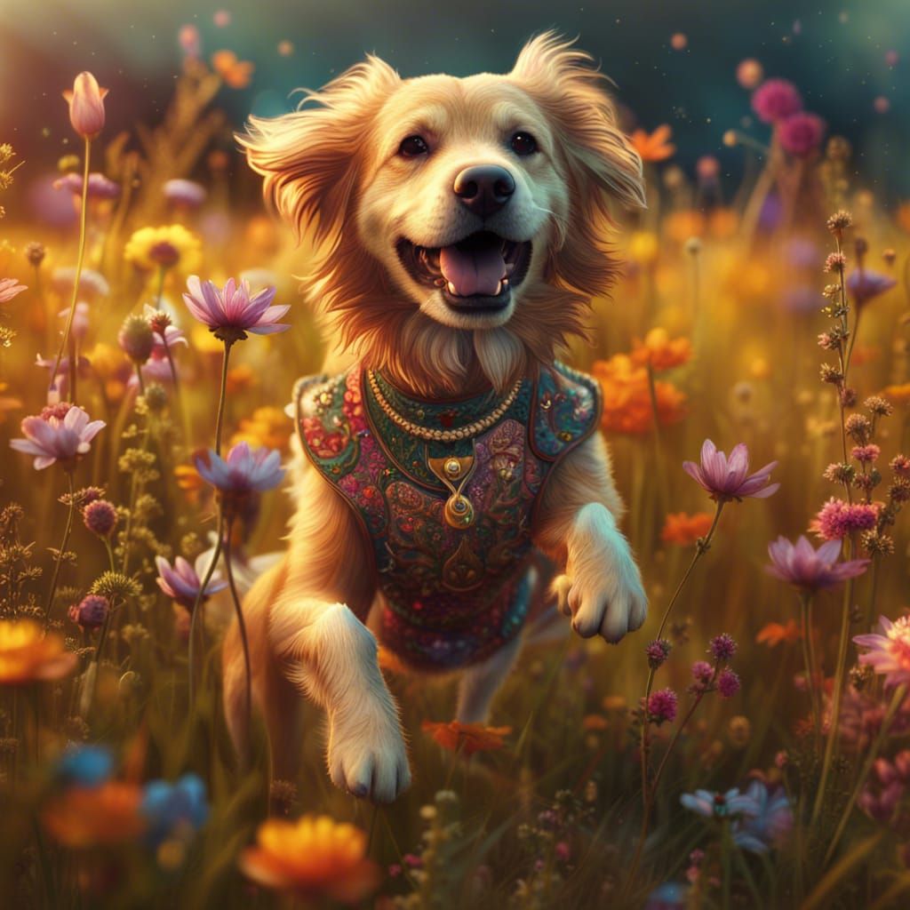 Anthropomorphic Dog Dancing in a Flower Meadow