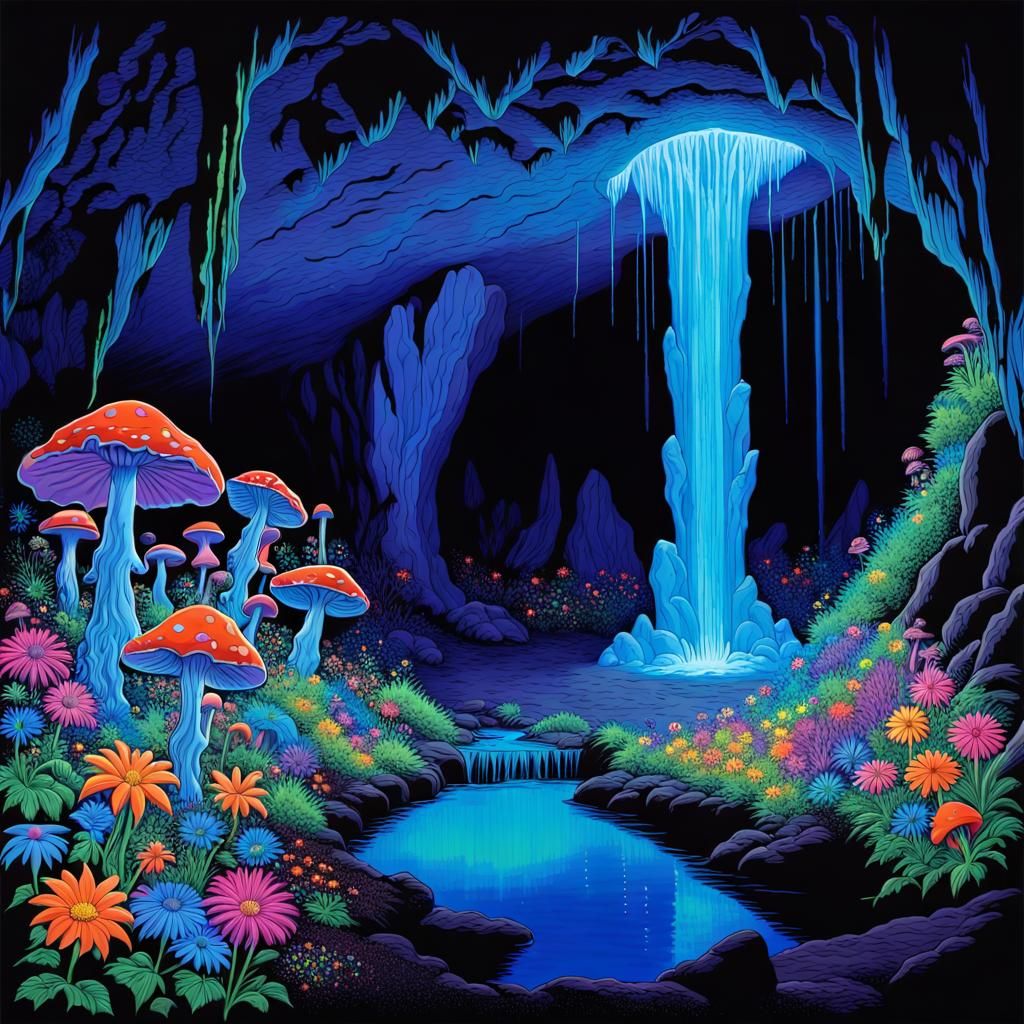 Blacklight Cave with Glowing Stalactites and Flowers