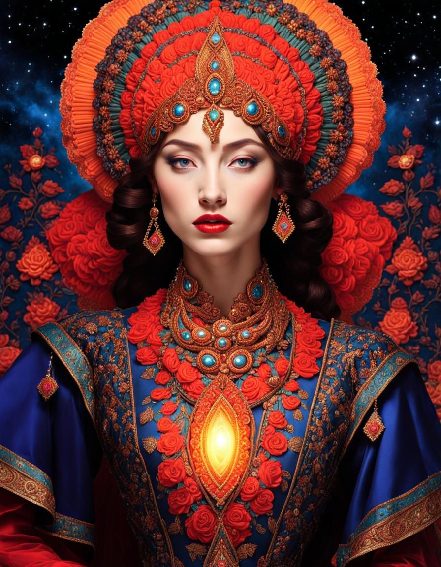 Dreamlike Stardust Gown in Neon Fire, Digital Art