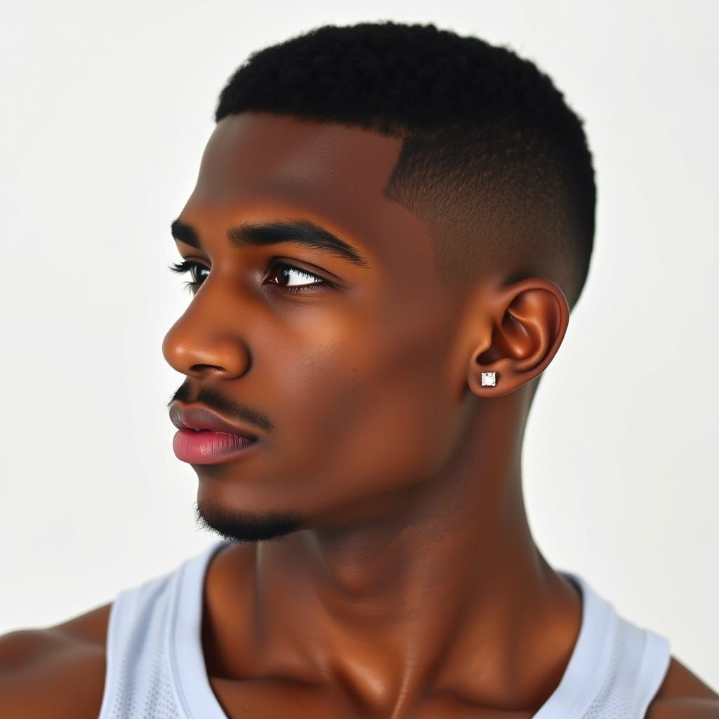 Young Man with Stud Earrings and Muscular Build
