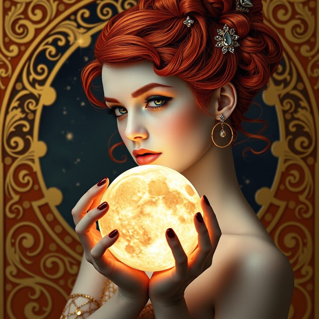 Stunning Art Nouveau Femme Fatale Basks in Full Moon's Radia...