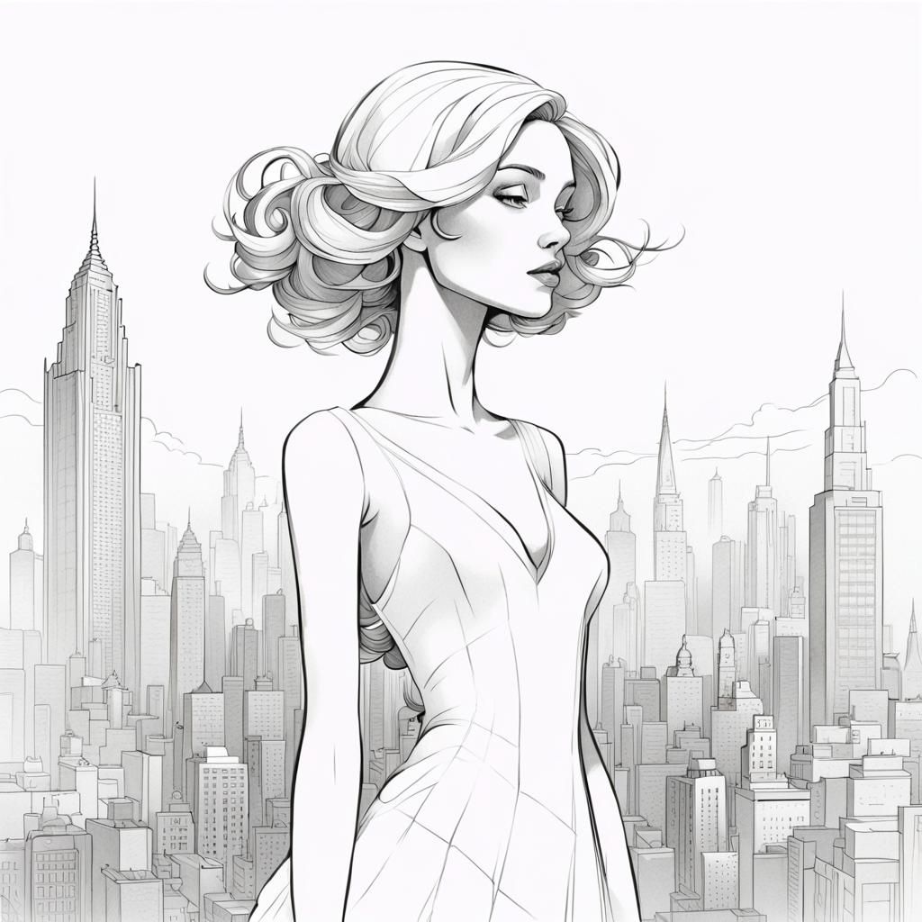 Minimalist Line Art of Woman in Cityscape