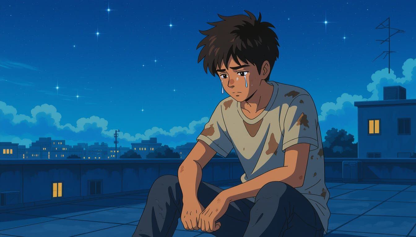 Teenage Boy's Rooftop Resolve Under Starlit Sky