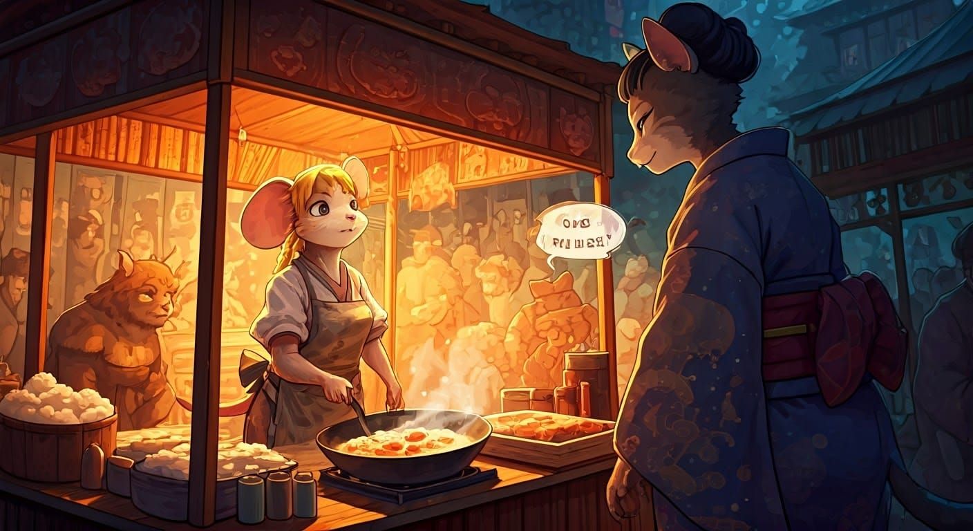 Anime Mouse Vendor in Fantasy Marketplace