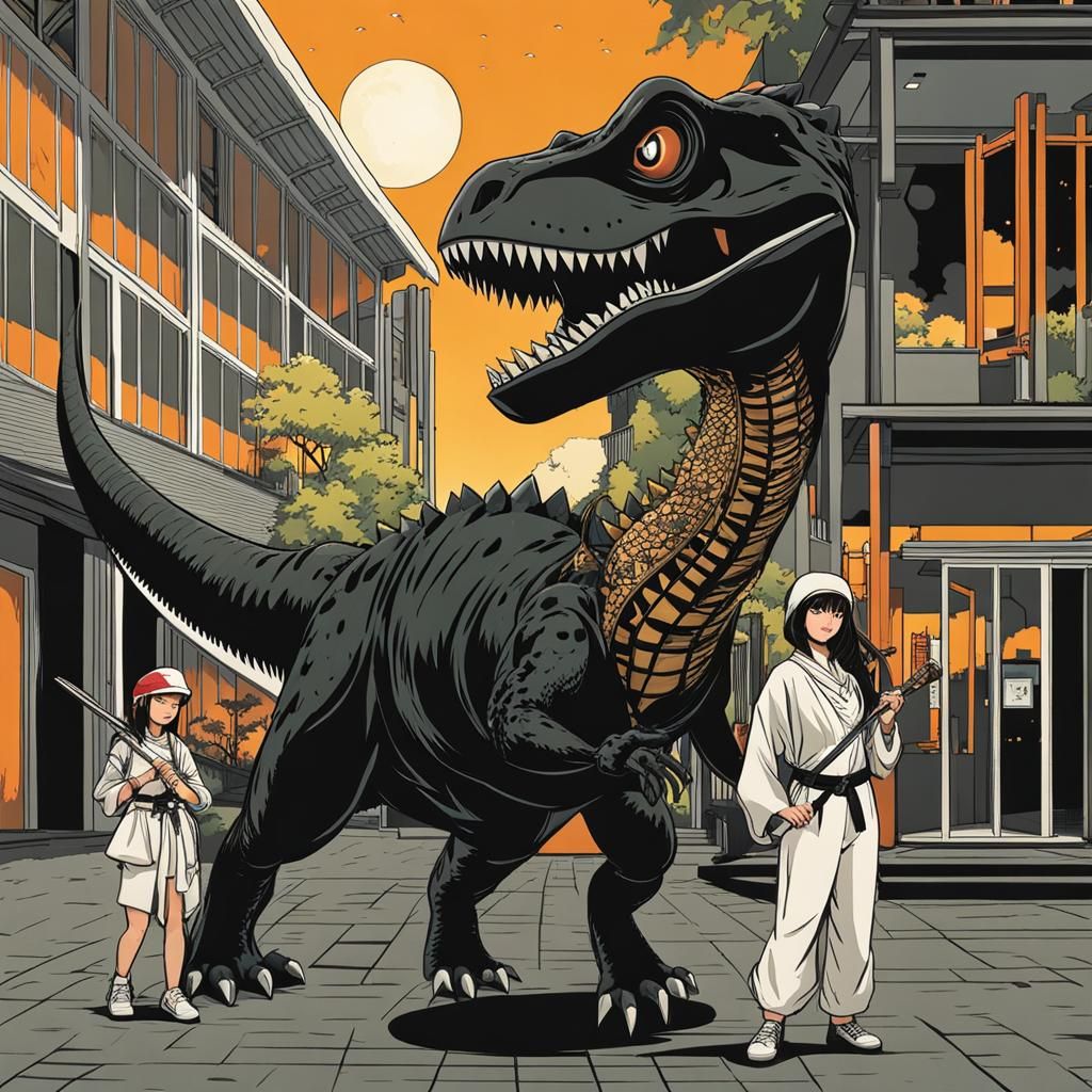 T-Rex, Ninja, and Cat in City at Night