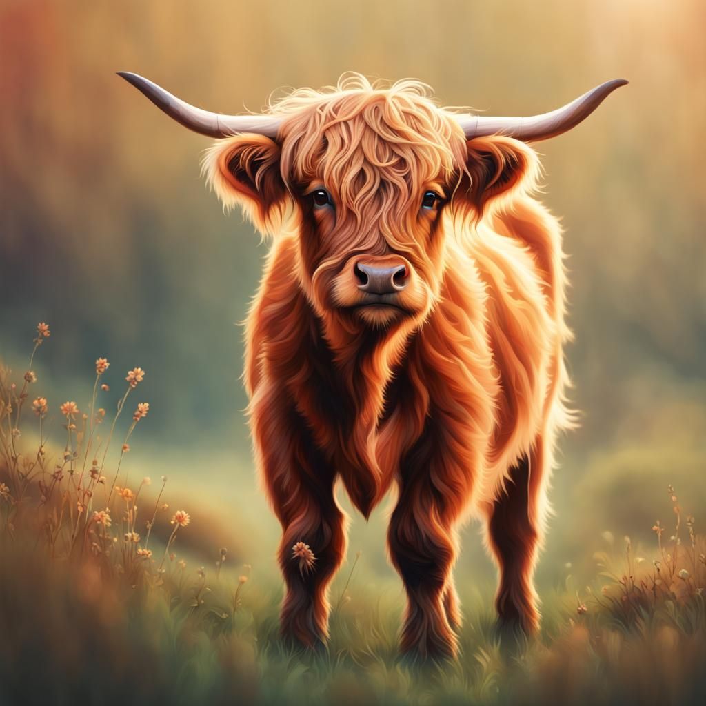 Cute Highland Calf with Colorful Splash Art