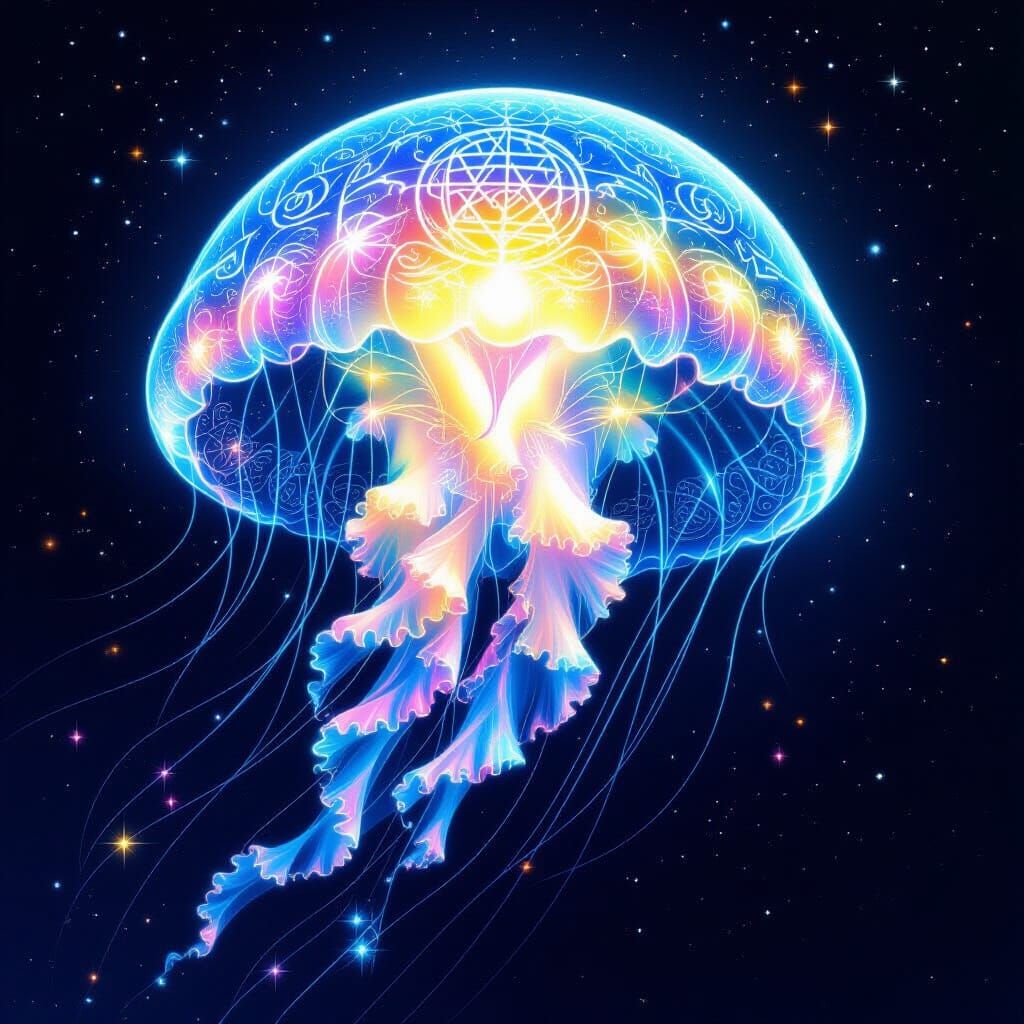 Cosmic Jellyfish with Kabbalistic Symbols in Surreal Style