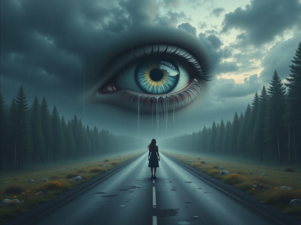 Giant Eye Cries Rain Over Melancholic Landscape