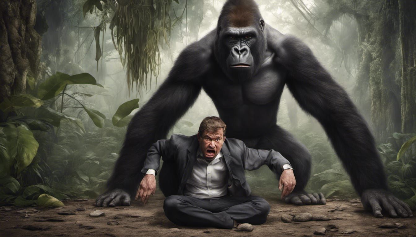 Man Scared of Angry Gorilla in Jungle