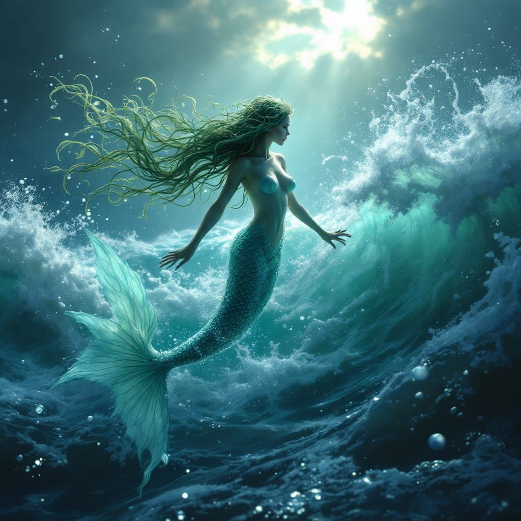 Mystical Mermaid Swims Over Turbulent Ocean Horizon