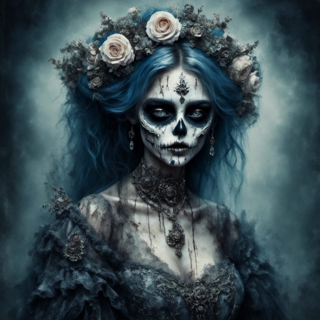 Gothic Sugar Skull Bride in Haunted Cemetery