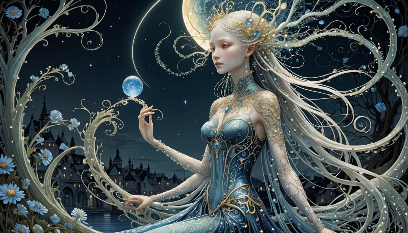 Bioluminescent Octopus Queen in Golden Age Illustration Styl...